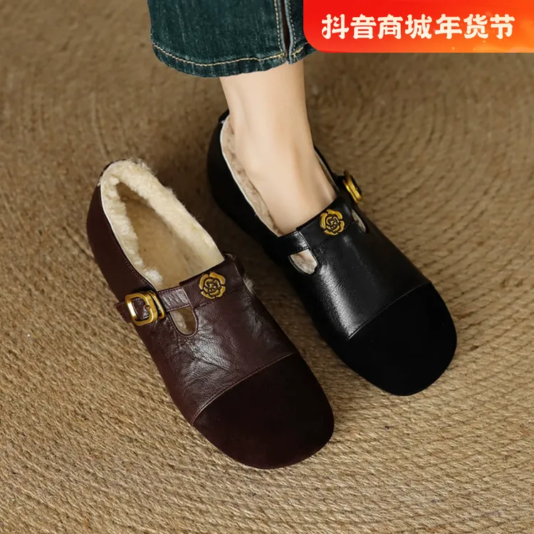 娇文希真皮加绒乐福鞋女秋冬厚底保暖棉鞋玛丽珍单鞋山茶花小皮鞋