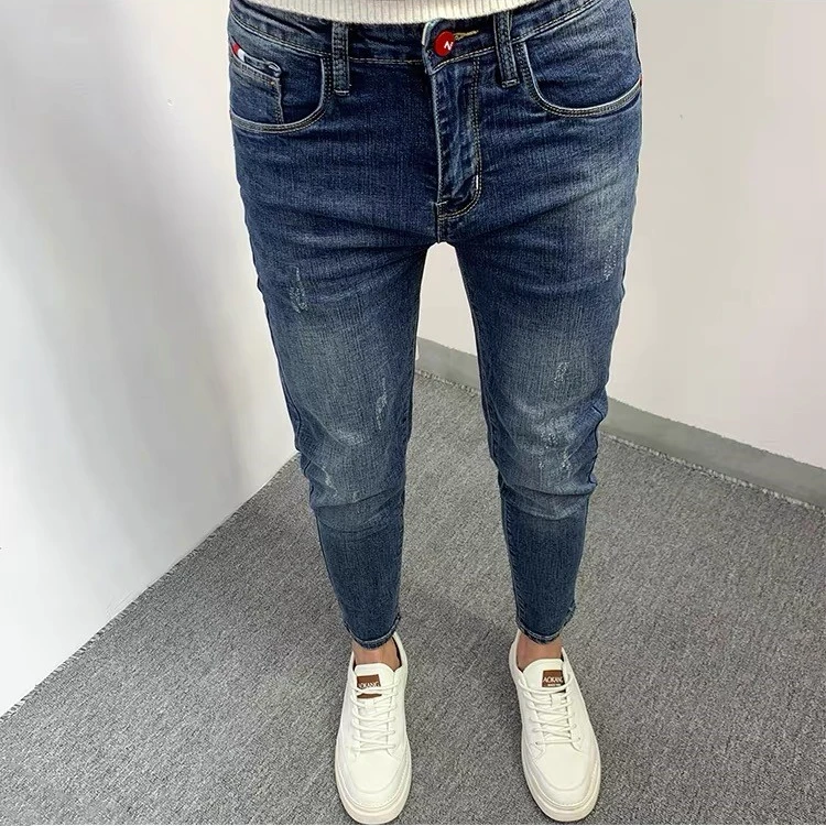 夏季九分蓝色猫须牛仔裤男潮流时尚百搭韩版修身小脚水洗弹力长裤