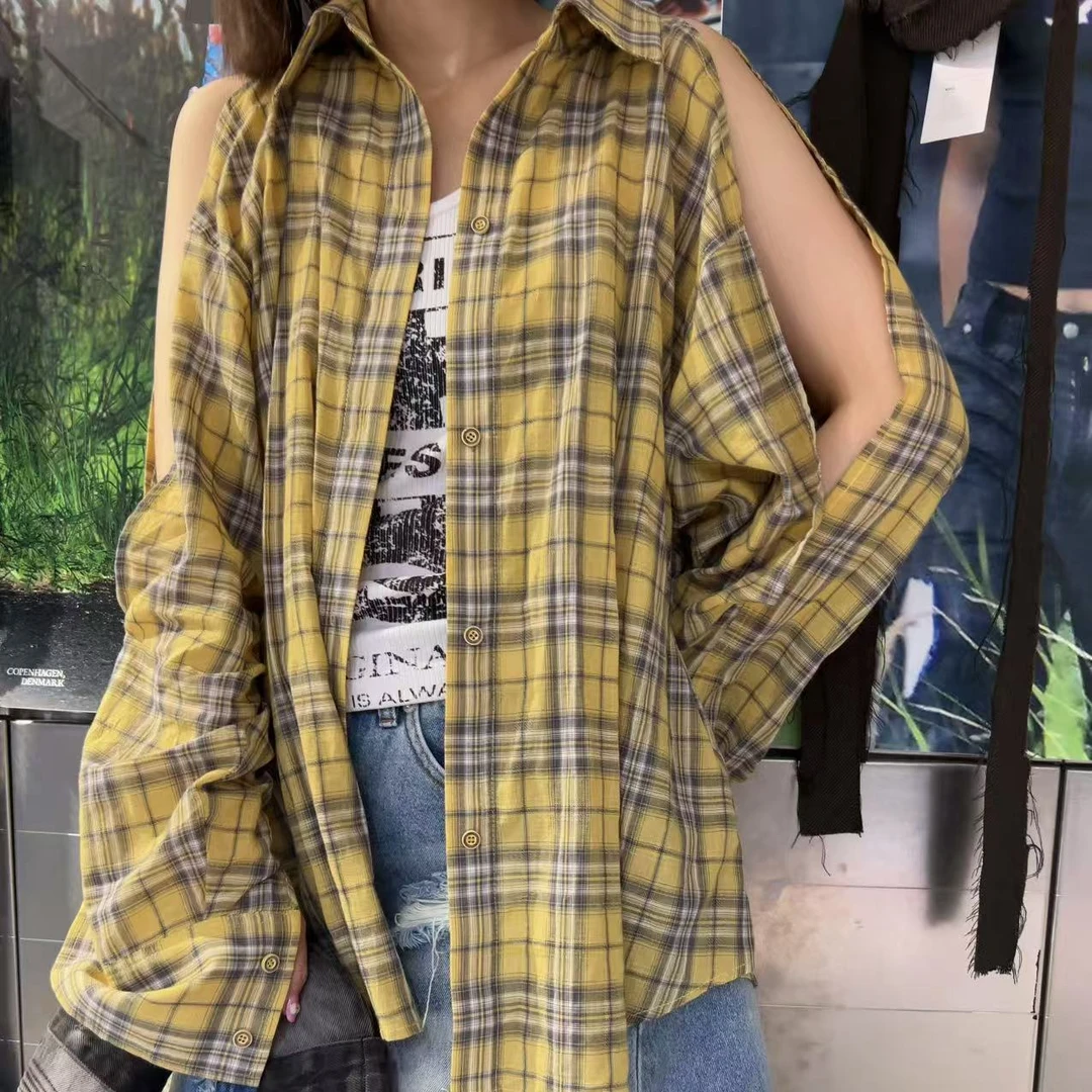 【LOCAT】ttxcc  格纹露肩休闲衬衫  TXCTOP2503