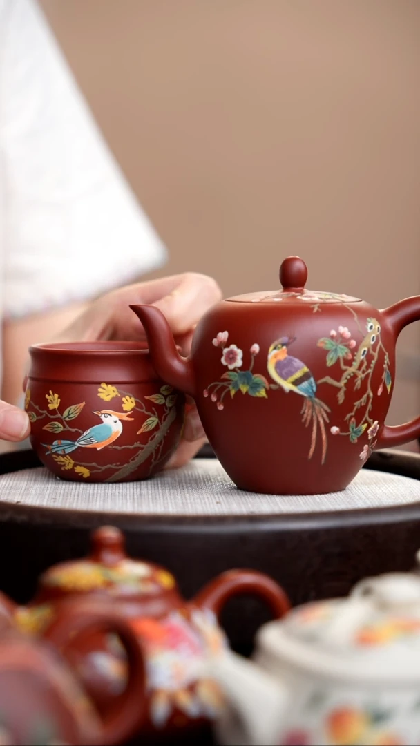 茶壶紫砂朱泥美人肩泥绘花鸟+杯