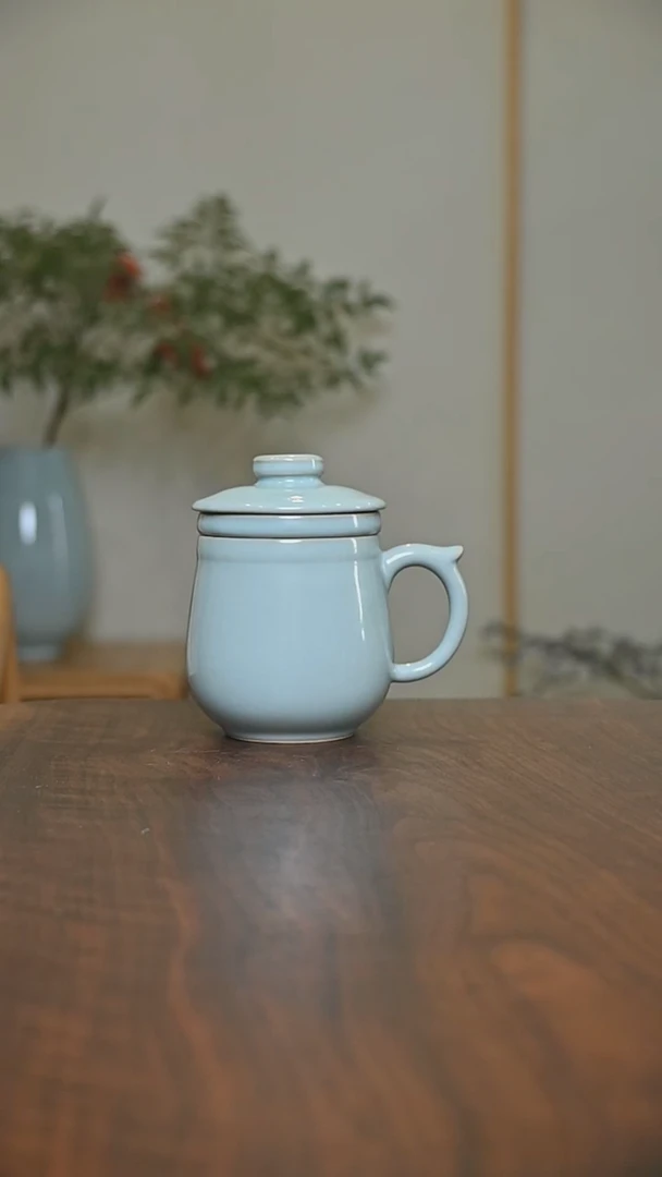 茶水分离杯 天青 微瑕 朱家汝窑款