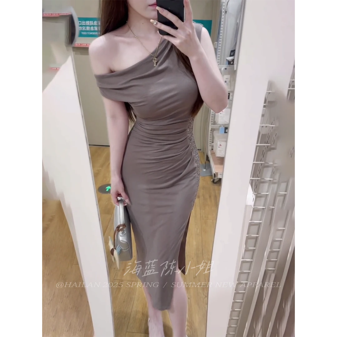 A市女主角的烛光晚宴*夏季收腰亮片斜肩开叉包臀气质长款连衣裙女