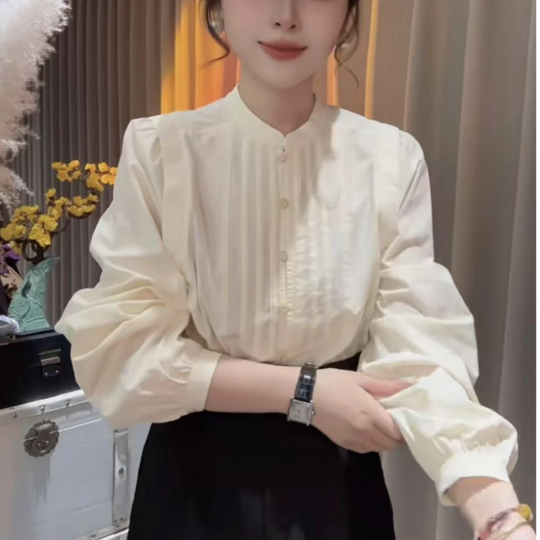 HUIHUI 法式复古立领压褶衬衫