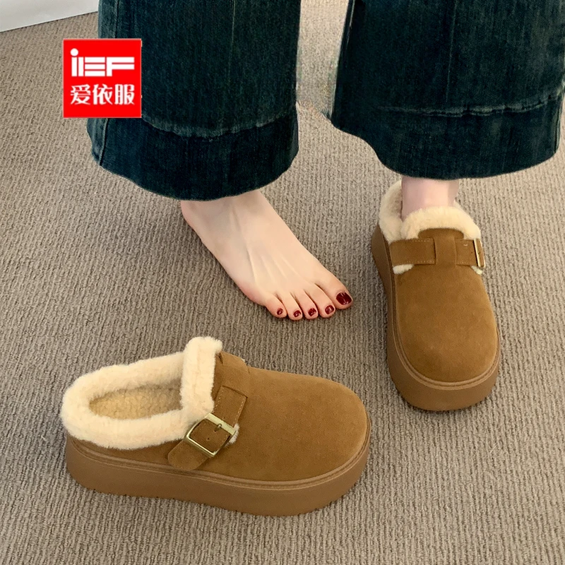 IEF/爱依服毛毛拖鞋外穿2025新款冬加绒包头厚底勃肯半拖雪地靴女