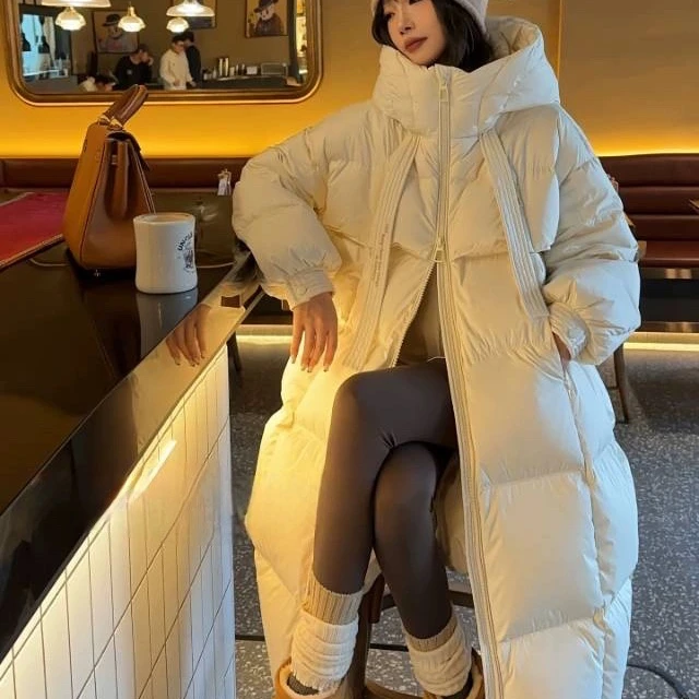 羽绒服8892女轻奢飘带新国标保暖连帽过膝长款时尚冬季韩加厚