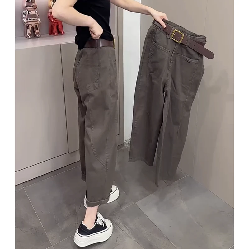 直筒工装牛仔裤女2025年早秋新款小个子高腰显瘦休闲哈伦老爹裤子