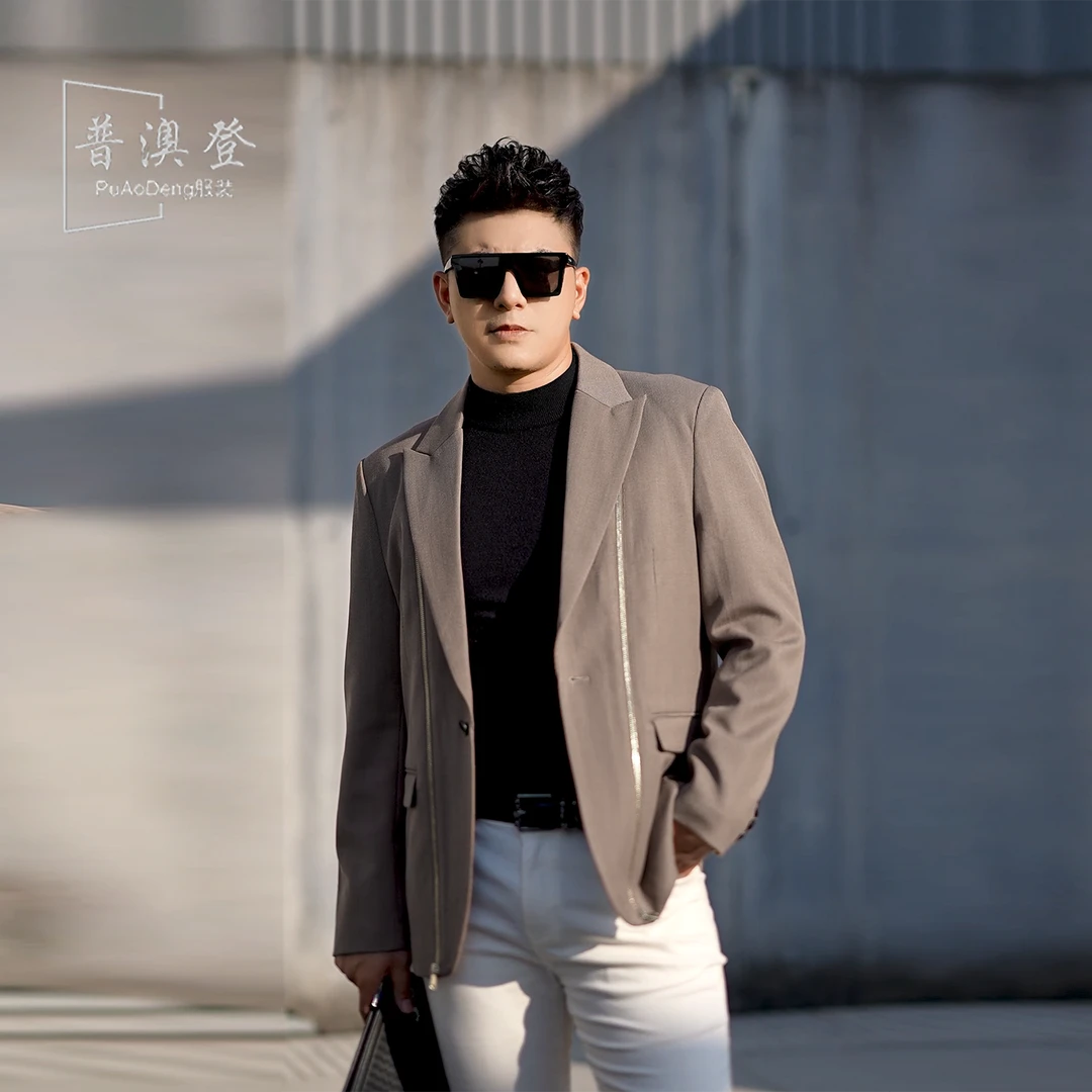 2025男士西服秋季新款轻奢时尚百搭休闲绵羊毛混纺设计感西装外套