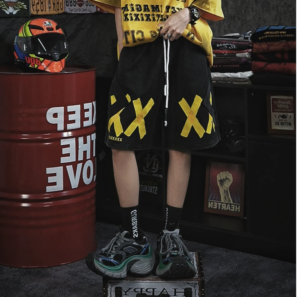 美式绣贴布印花字母五分裤卫裤ins宽松潮流直筒美式情侣男女DK001