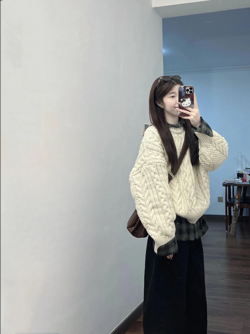 2025春秋新款韩系复古麻花针织毛衣叠穿格子衬衫高腰牛仔裤三件套