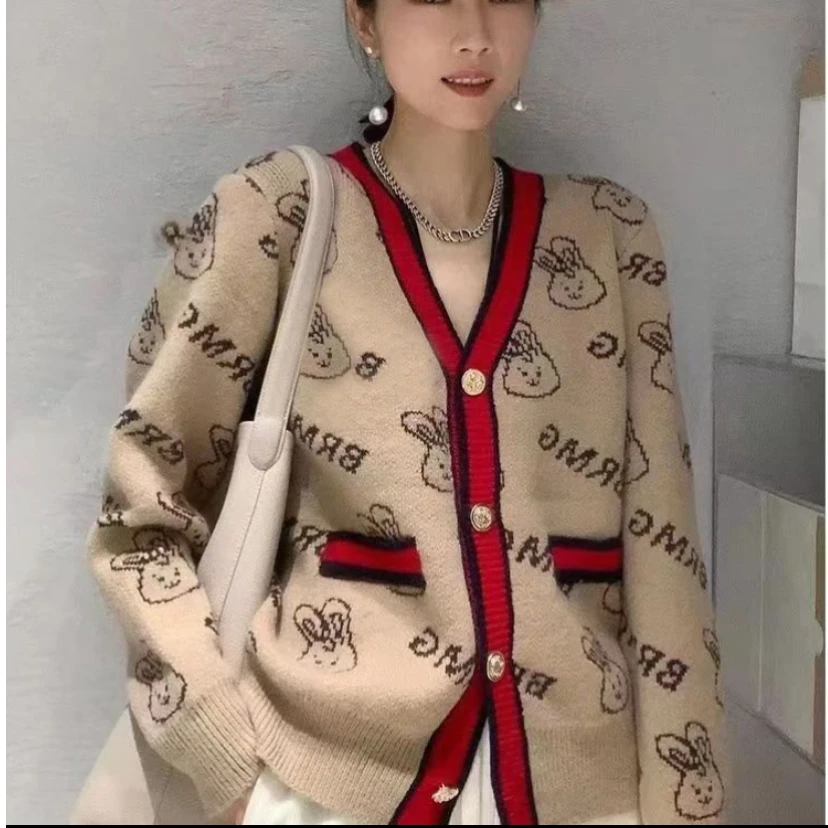 2025年早春新款时尚拼色V领针织毛衣开衫外套ZQ164