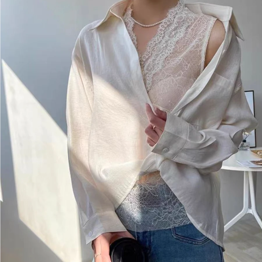 2025春季新款法式轻熟风名媛气质雷丝背心扭褶衬衫两件套潮百搭