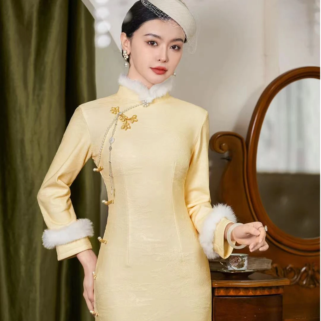 【风清余】气质时尚修身冬季新款祥云提花加厚加绒长袖中国风旗袍