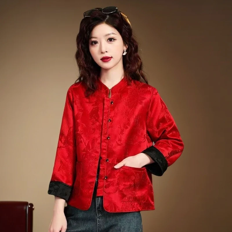 深圳南油高端花萝缎面黑红双面穿中式复古秋款外套2025新品正版