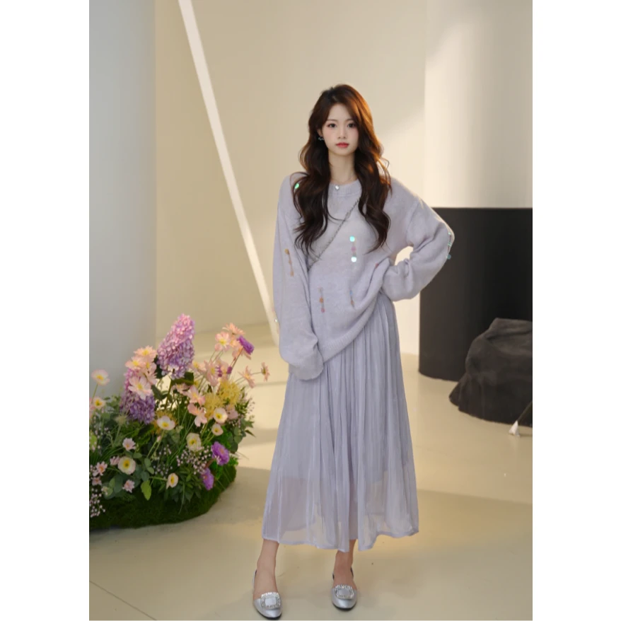 La Chapelle/拉夏贝尔初春舒适百搭温柔风时尚紫色针织衫套装