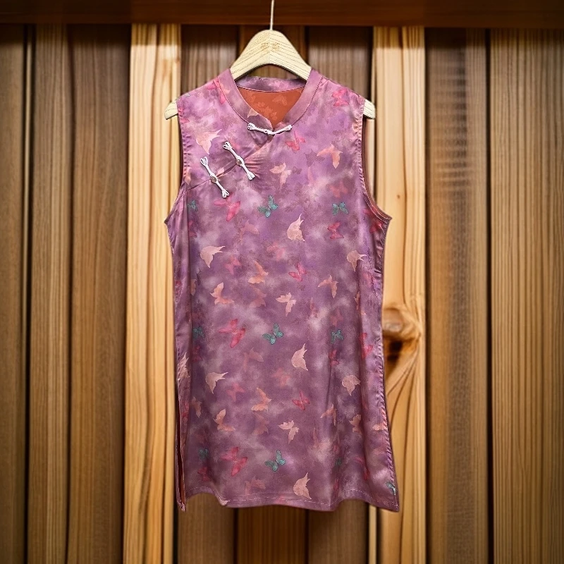 花纹斜襟女士中长款国风无袖气质上衣植物花卉长款117