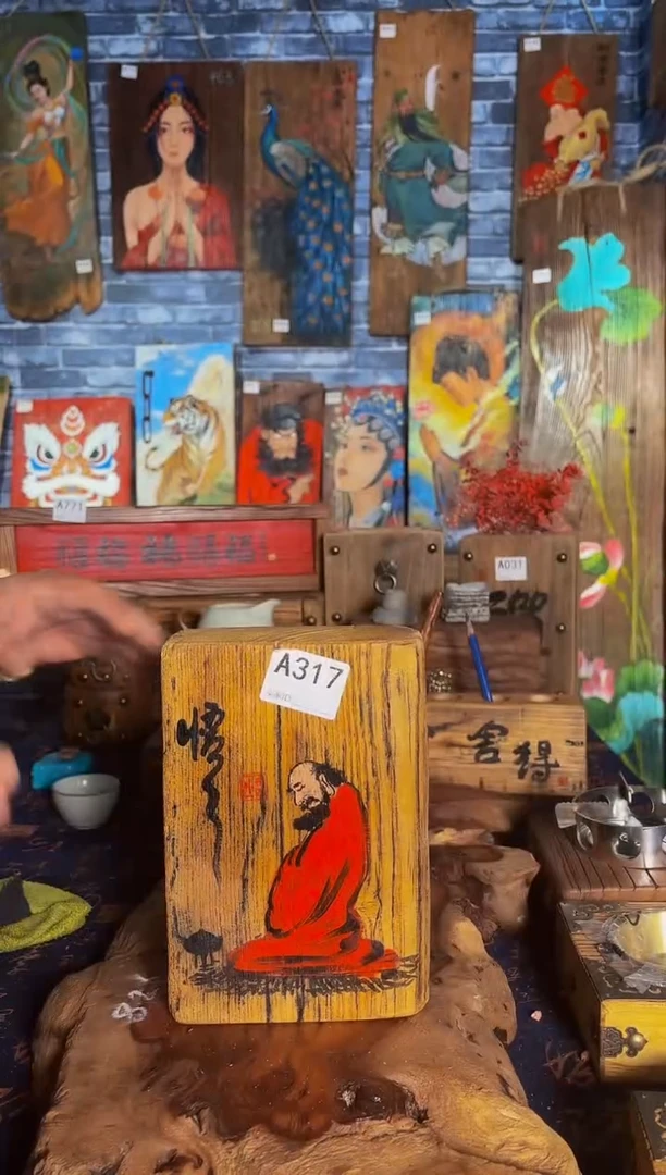 风化老门板丙烯画桌摆