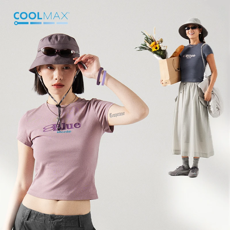 蓝岐BLUEMONTE2025夏季新款coolmax修身显瘦短袖女士圆领短款T恤