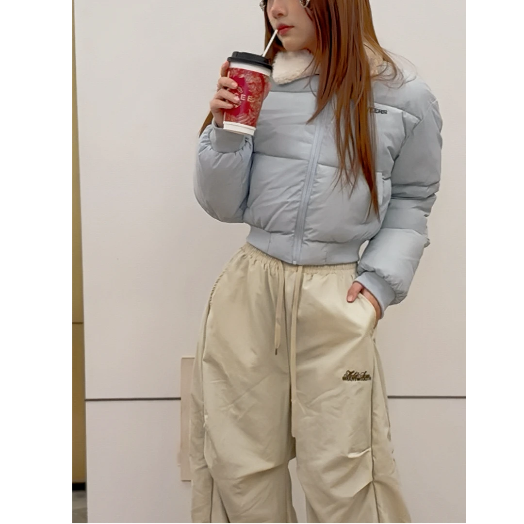 韩系简约翻领短款棉服女冬季小个子加厚保暖蓝色面包服外套