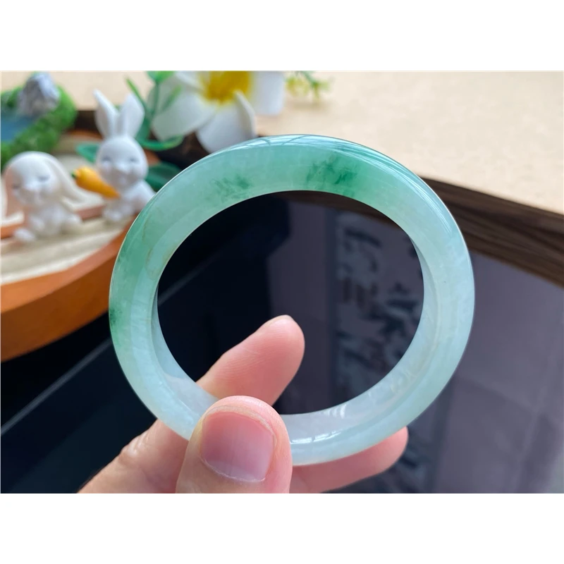 天然翡翠11.04批翠绿飘花镯10201号50.3-10.1-7.7 翠天然翡翠手镯
