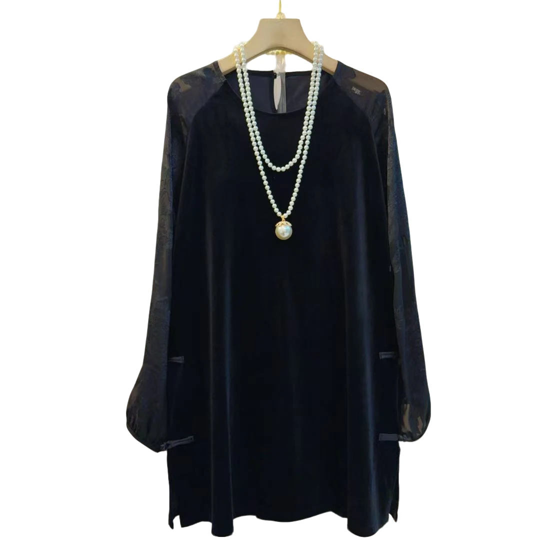 时尚复古新款圆领丝绒拼接气质宽松显瘦长衫（长78左右）