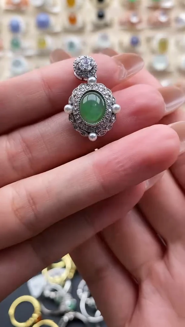 银S925镶嵌戒指翡翠缅甸天然A货翡翠1 8-10