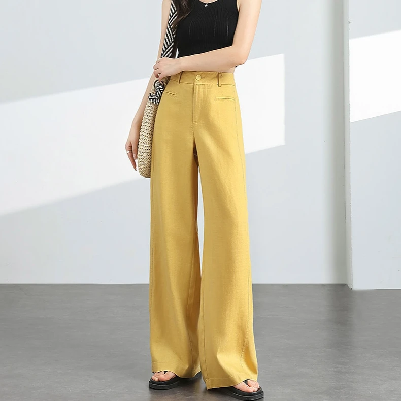 黄色天丝亚麻垂感阔腿裤女2025夏季薄款宽松直筒休闲显瘦高腰长裤