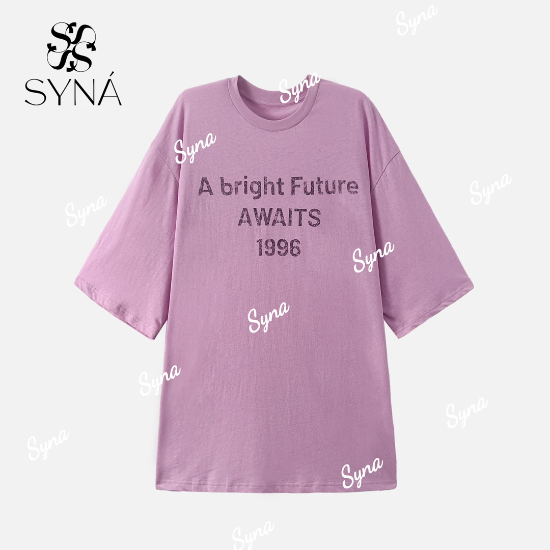 珊湖假日 设计感字母印花纯色圆领韩版宽松T恤