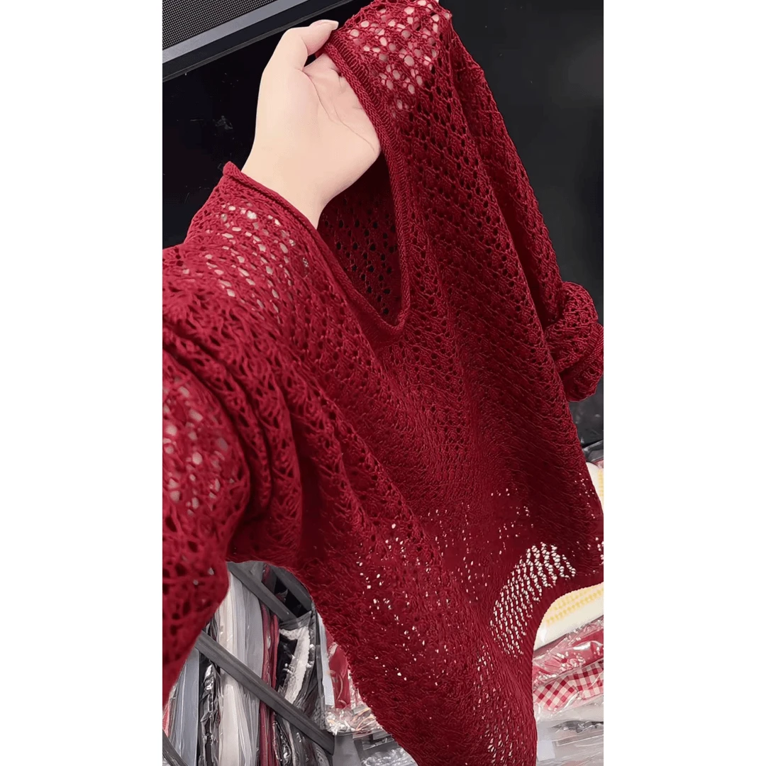 红色镂空设计感长袖针织衫女秋季新款慵懒风通勤百搭显瘦薄款上衣