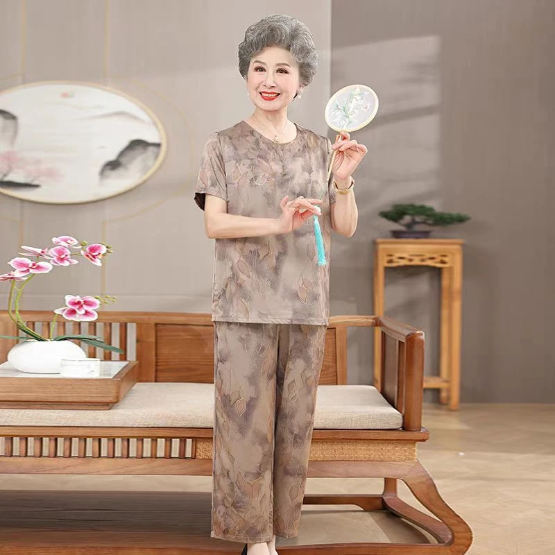 9506-【上衣+裤子】夏季新款新中式国风短袖妈妈装套装（D仓东楼梯）