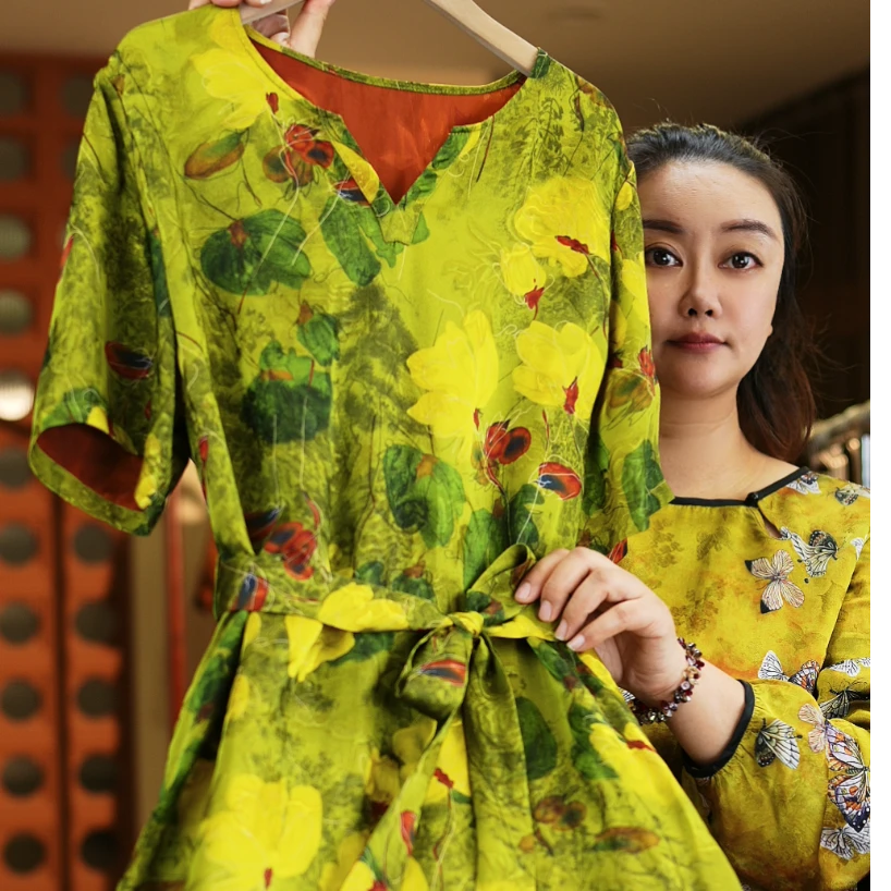 <<非遗美学>>时尚改良香云老料国风连衣裙T475