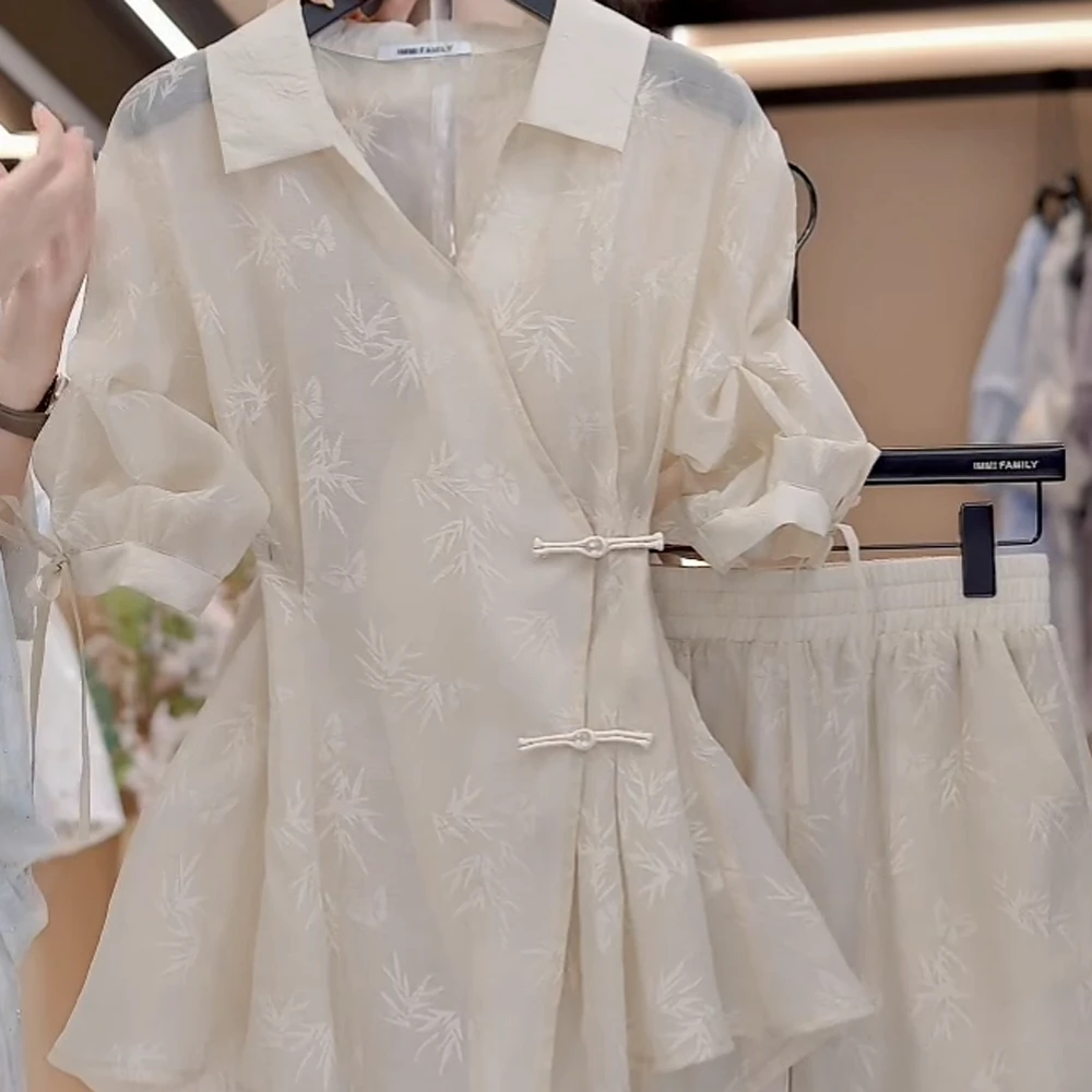 新中式国潮竹子提花气质套装女V领衬衫高腰短裤C5162