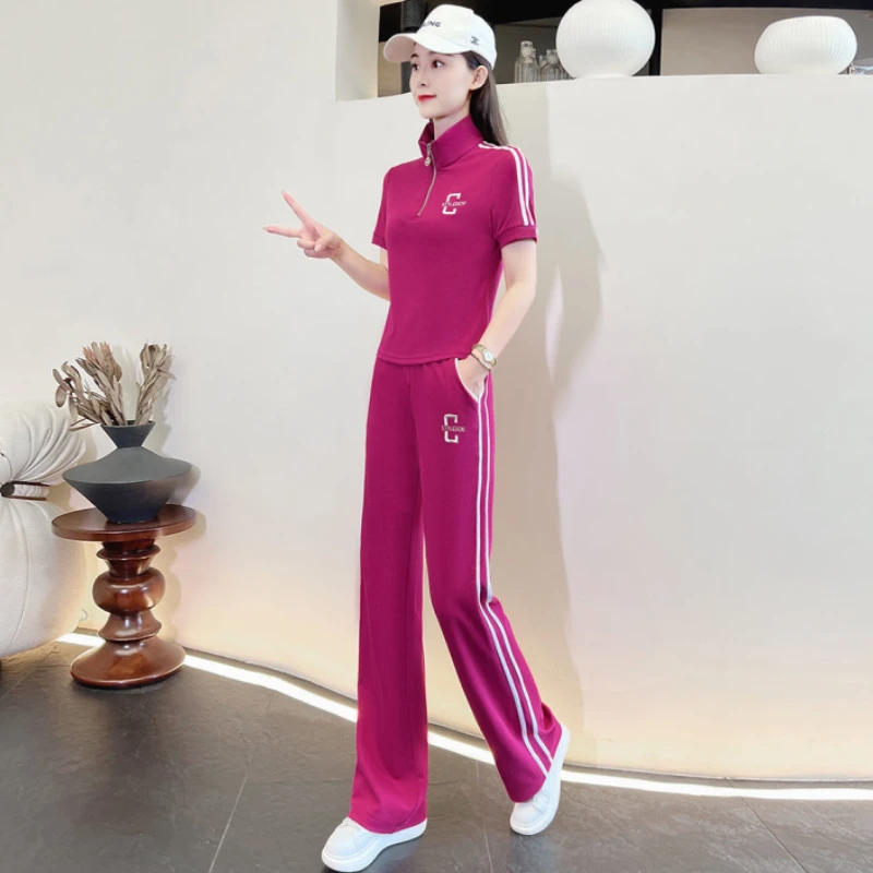 休闲运动套装女夏季2025新款高级感时尚减龄短袖阔腿裤白色两件套