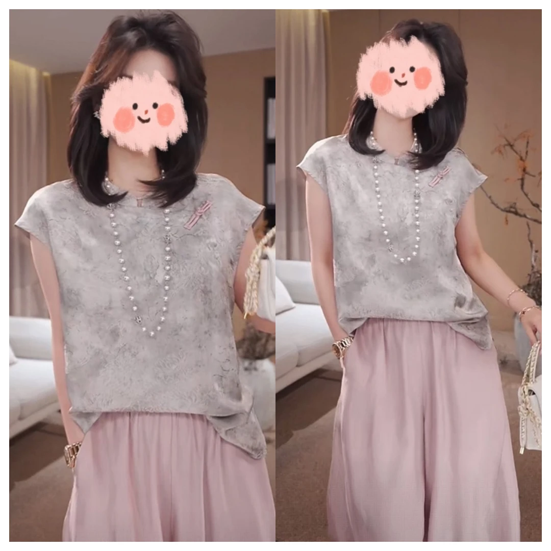 高级夏季国风新中式撞色盘扣上衣套装高腰直筒休闲裤两件套气质风