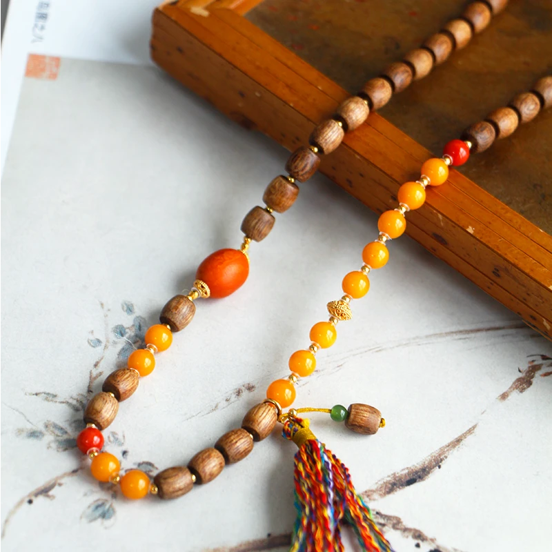 沉香【亦橙】乌身圆叶沉香配蜜蜡三圈手串项链  卡6*7mm 周长50cm