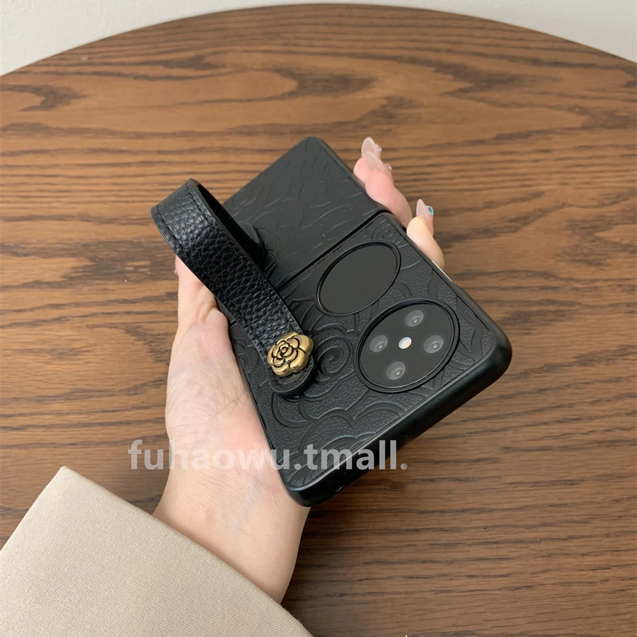 适用华为pocket2手机壳黑山茶花oppofindN3flip金属玫瑰手提带p50