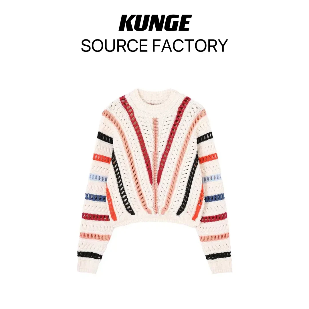 KUNGE-3024圆领时尚轻奢宽松毛衣设计感套头条纹撞色镂空针织衫