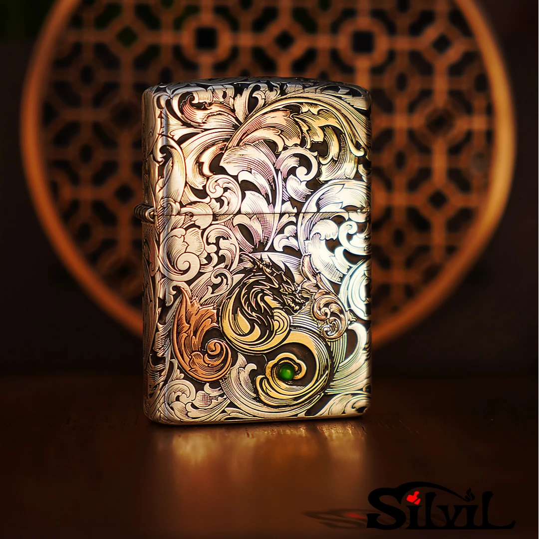 银匠村SILVIL防风煤油打火机999银机《唐草龙》手工制作送男友礼物