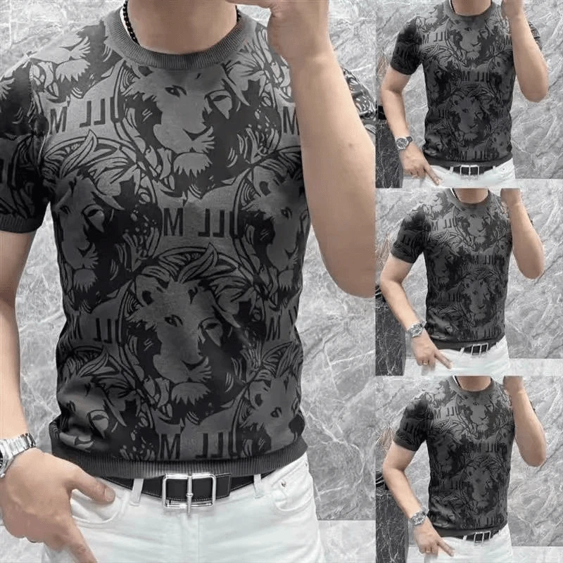 商务轻奢冰丝针织高级感短袖T恤男夏季新款圆领印花百搭时尚修身