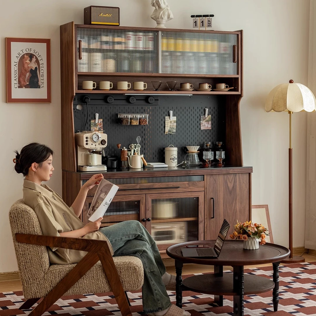 北欧实木餐边柜北美黑胡桃木一体靠墙酒柜茶水柜储物高柜橱柜岩板