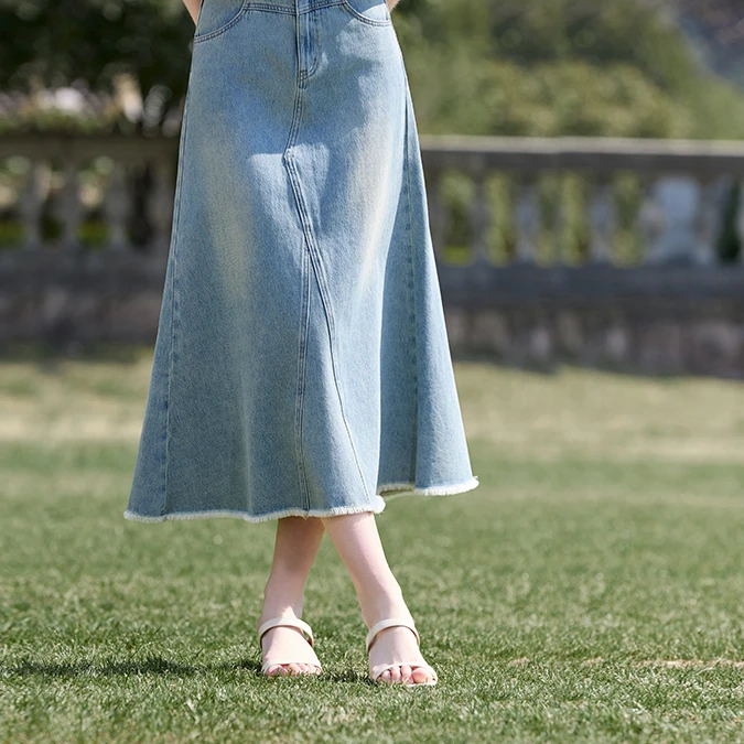 R85S350半身裙 香影蓝色毛边显瘦牛仔半身裙女夏季新款中长款裙子