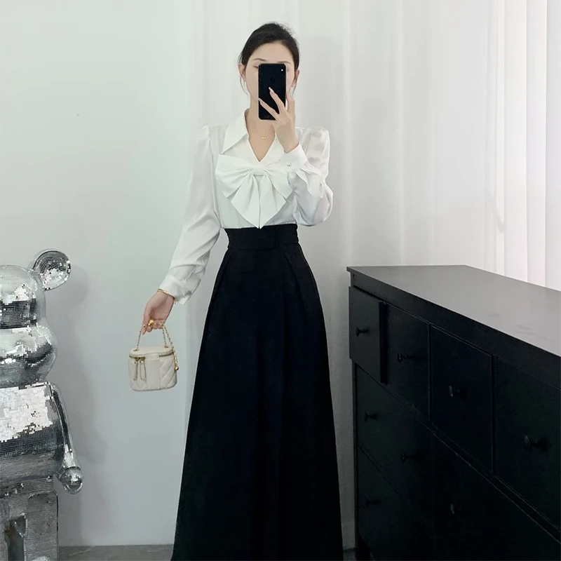 【两件套】2025春新款高级感显瘦气质法式高腰时尚衬衫+裙裤D0746