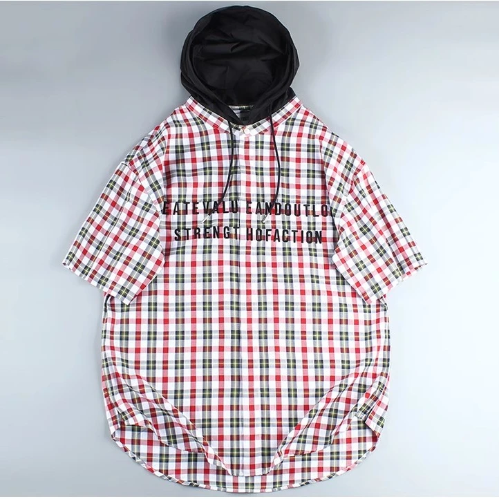 【G牌】港风个性潮流休闲刺绣连帽短袖衬衫夏季红绿格子宽松衬衣