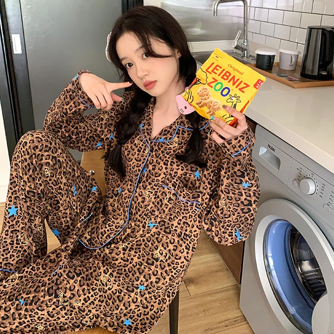 【长袖棕色豹纹kt猫】春秋季甜酷睡衣套装女卡通家居服
