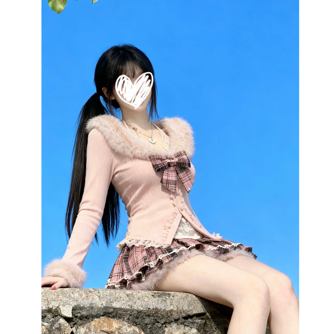 【甜心学妹】秋冬甜美纯欲风日系甜辣设计感格子上衣格子短裙套装