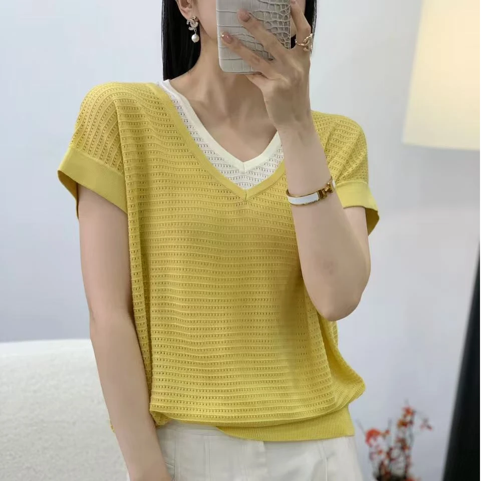 【思思精选】夏季时尚气质百搭拼色镂空纯色简约显瘦针织衫A662#