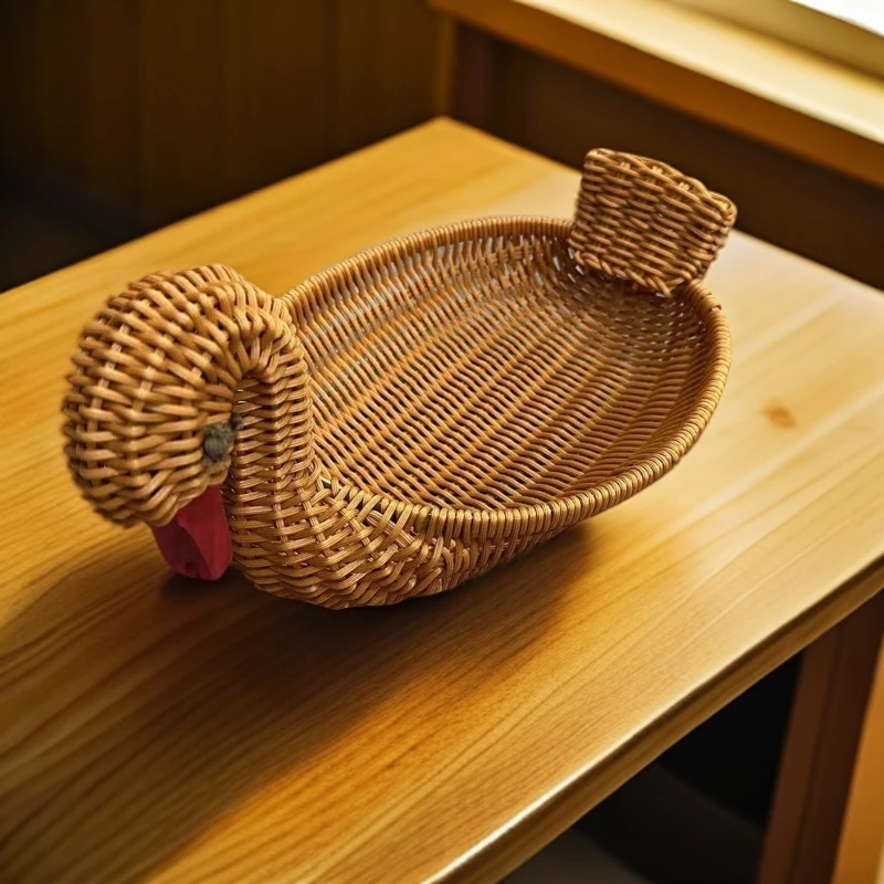 A024棕色天鹅造形水果收纳篮居家环保PP仿藤