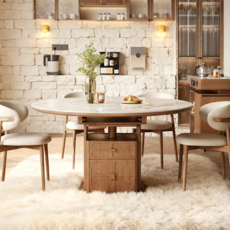 年终冲量）纯实木788客厅方圆宋氏美学中古风实木多功能智能餐桌