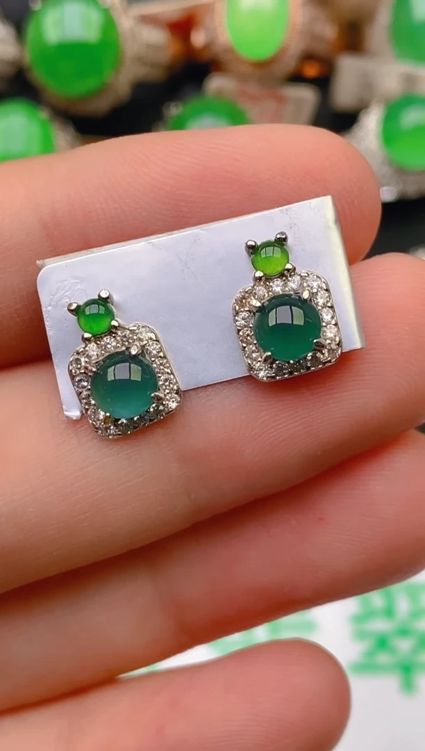 翡翠银S925镶嵌耳饰天然