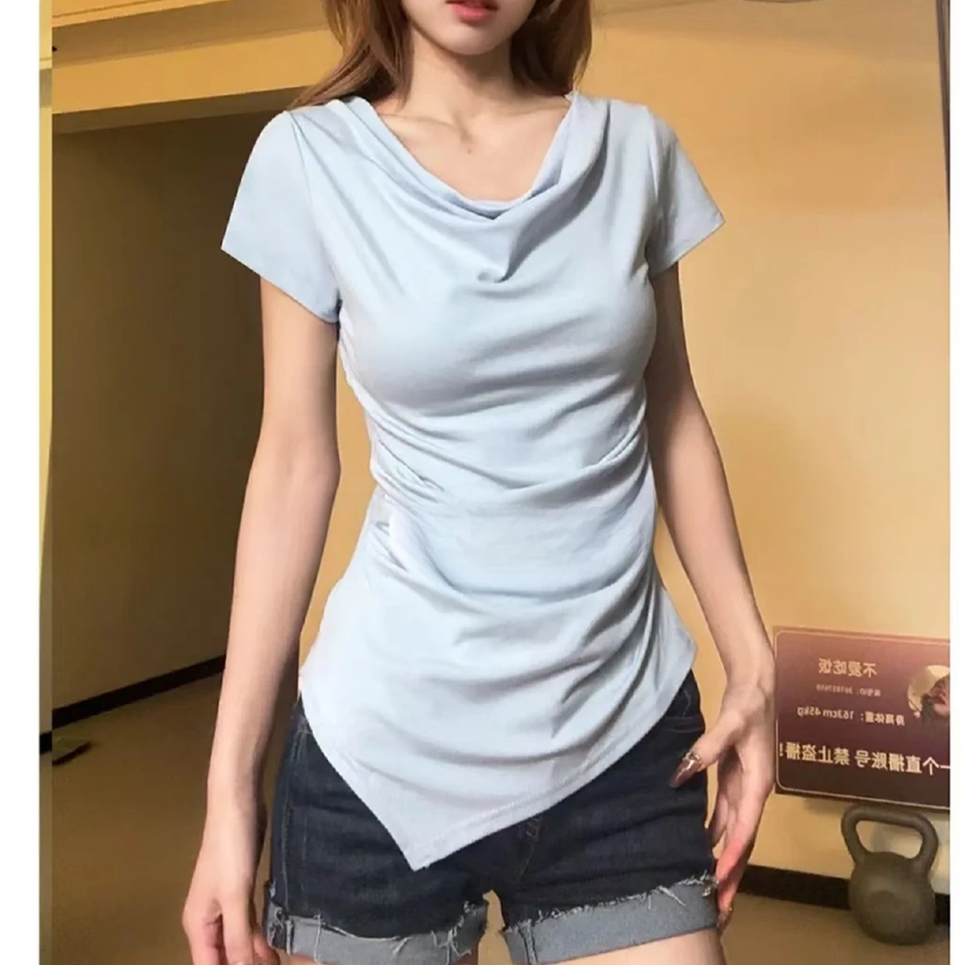【全额运补】夏季新款荡领皱褶一字肩设计感短袖百搭上衣收腰显瘦性