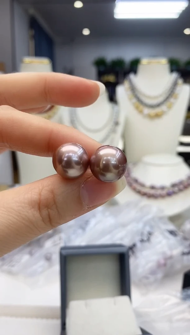 【闪购商品】淡水珍珠耳饰18K金镶嵌淡水耳钉13-14紫罗兰